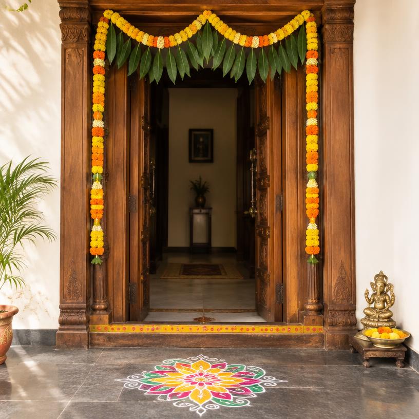 Festive toran and rangoli at a doorway
